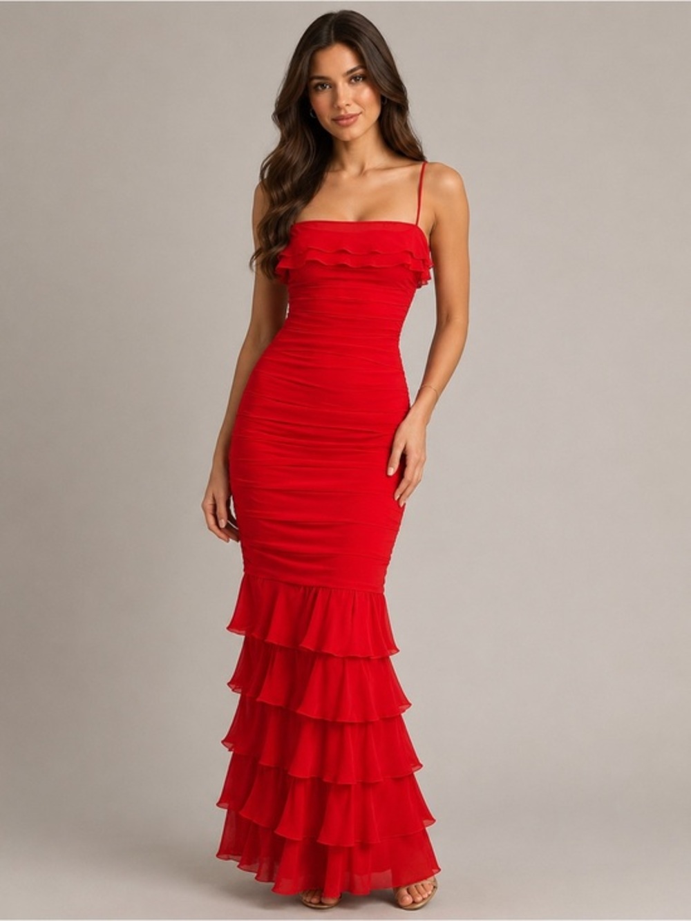 Gilar Silk Ruffle Red Bodycon Midi Dress S (4)